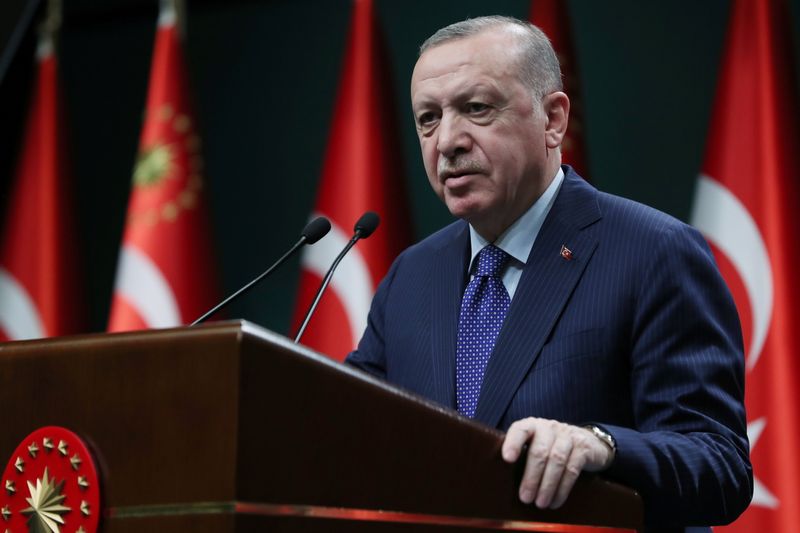 Turkish President Tayyip Erdogan gives a statement after a meeting