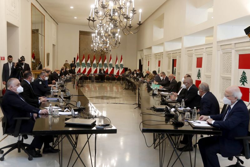 Lebanon’s President Michel Aoun heads a meeting with Lebanese officials