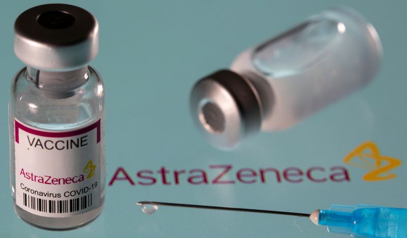 Vial labelled “AstraZeneca coronavirus disease (COVID-19) vaccine” placed on displayed