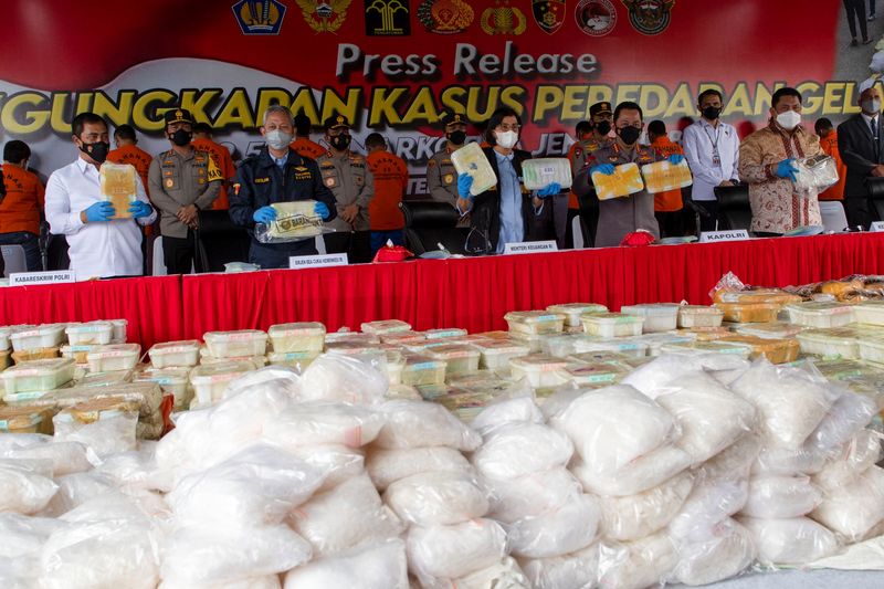 Indonesian police show drug evidence during media conference in Jakarta