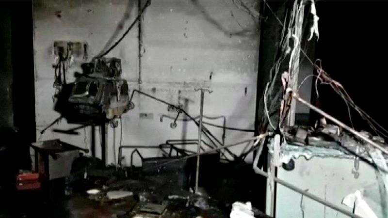 Video grab of damaged equipment and furniture in the burnt