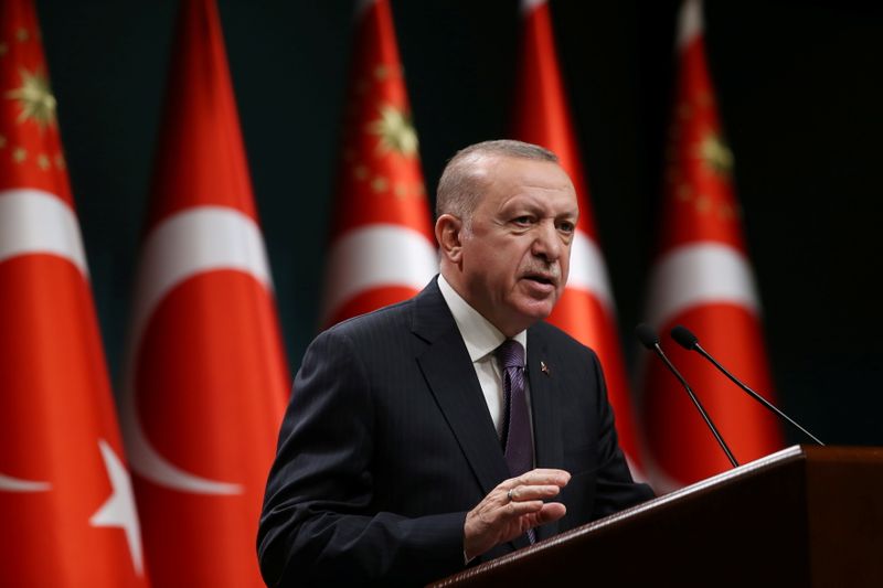 Turkish President Erdogan talks to media following a cabinet meeting