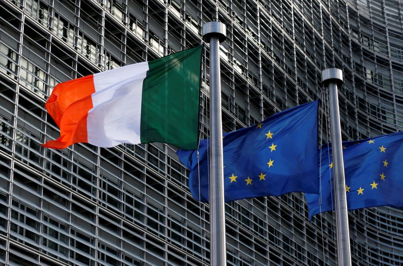 Irish and EU flags are pictured outside the EU Commission