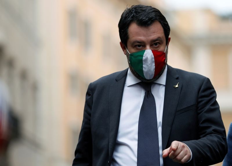 Leader of Italy’s far-right League party Matteo Salvini speaks to