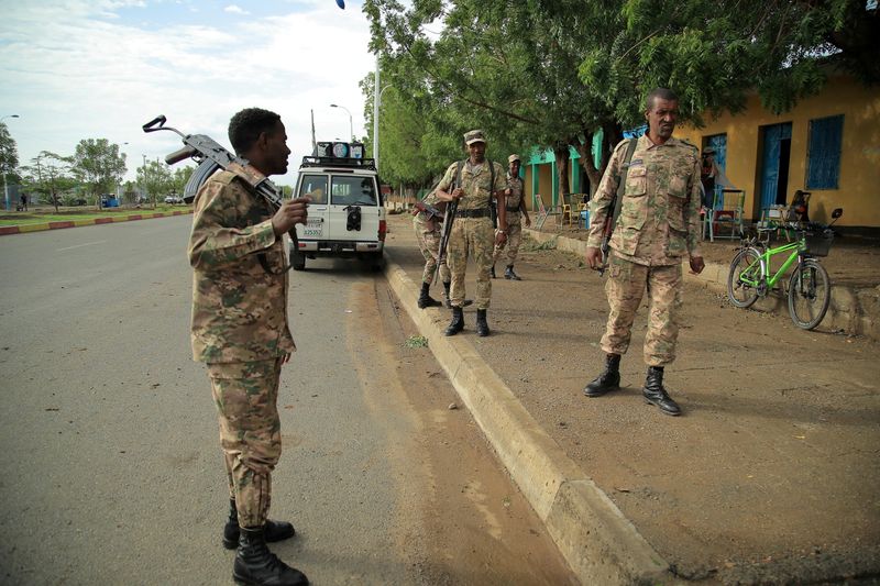 FILE PHOTO: Members of Amhara Special Forces stand guard along