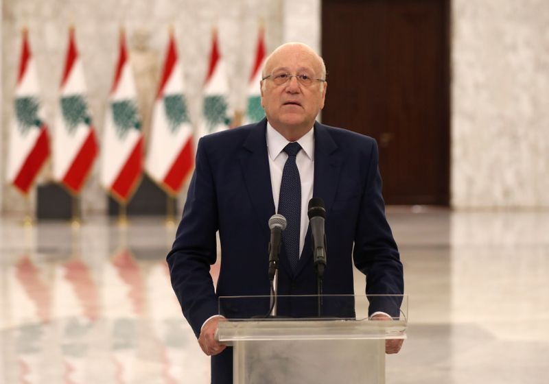 Lebanon’s new Prime Minister-Designate Najib Mikati, talks at the presidential