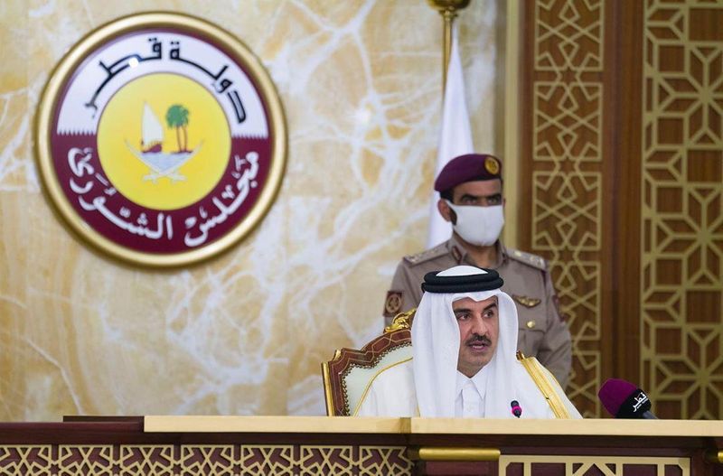Qatar’s ruler, Emir Sheikh Tamim bin Hamad al-Thani, gives a