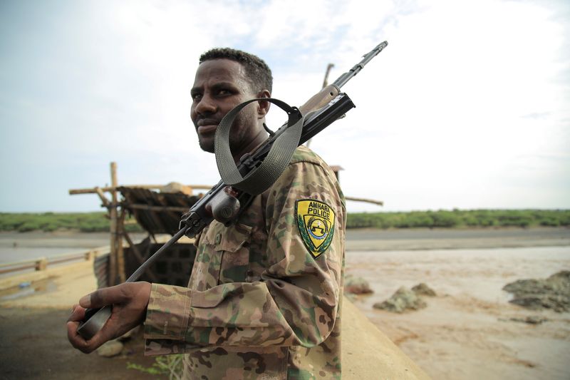FILE PHOTO: An Amhara Special Force member stands guard on