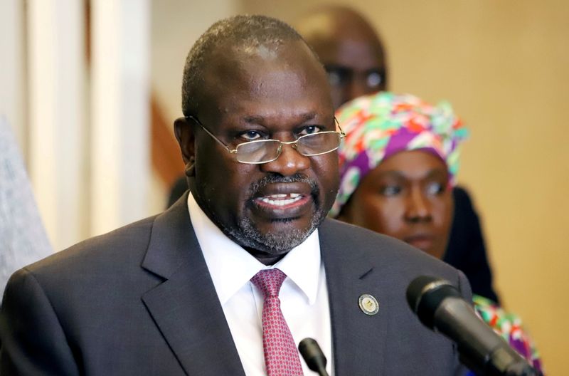 FILE PHOTO: South Sudan’s Vice President Riek Machar addresses a