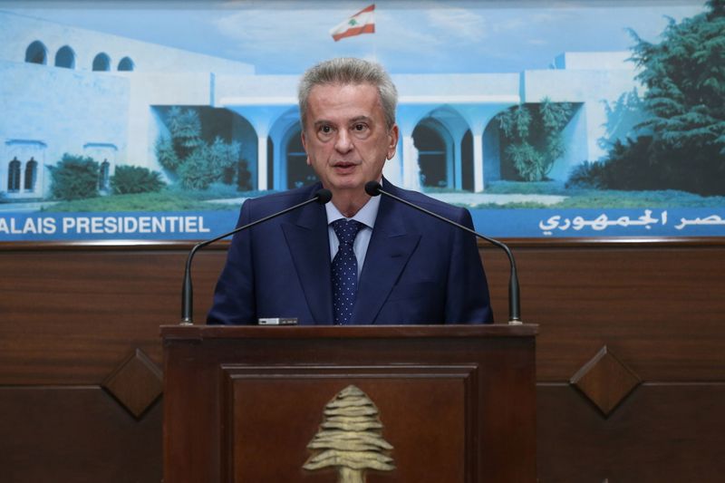 Lebanon’s Central Bank Governor Riad Salameh speaks after meeting with