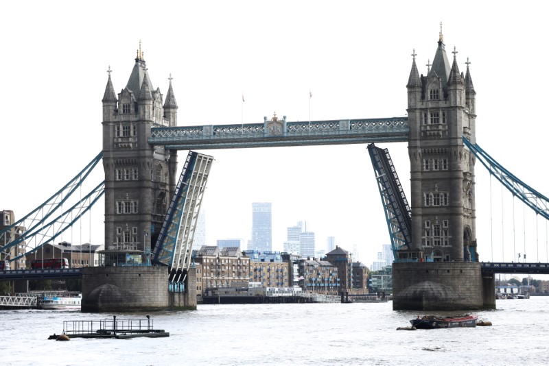 Tower Bridge is seen stuck in the open position, due