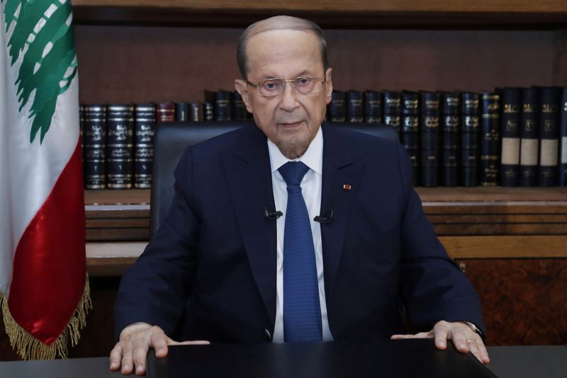 FILE PHOTO: Lebanon’s President Michel Aoun sits inside the presidential
