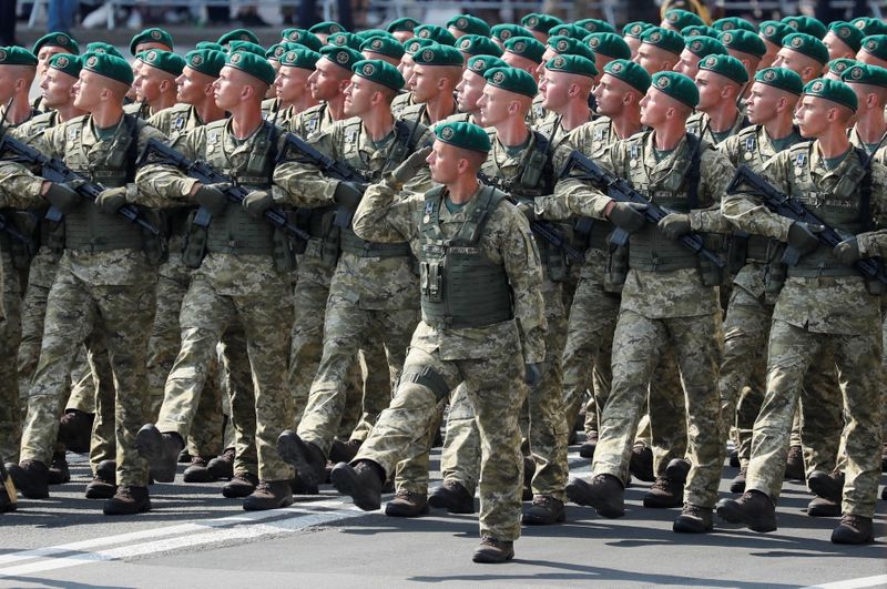Ukrainian service members take part in the Independence Day military