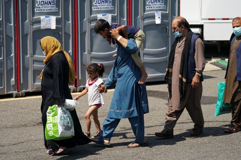 Afghan refugees at a processing center in Chantilly, Virginia