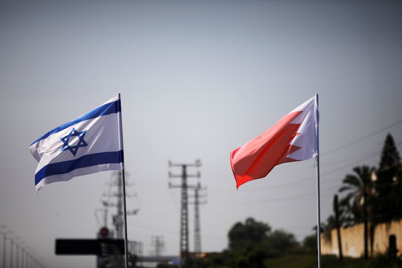FILE PHOTO: The flags of Israel and Bahrain flutter along