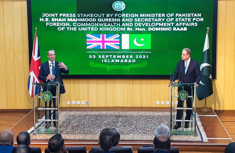 Britain’s Foreign Secretary Dominic Raab speaks next to Pakistan’s Foreign