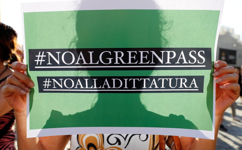 FILE PHOTO: Protest against government’s “Green Pass” plan in Rome