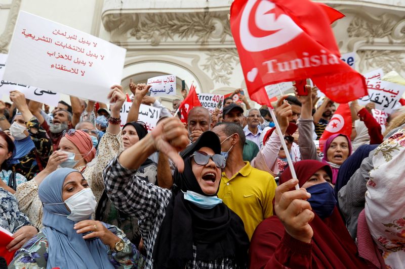 Opponents of Tunisia’s President Kais Saied protest against what they
