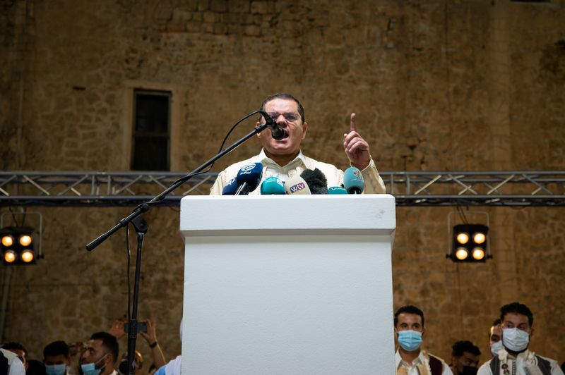 Libyan Prime Minister Abdulhamid Dbeibah speaks during a protest against