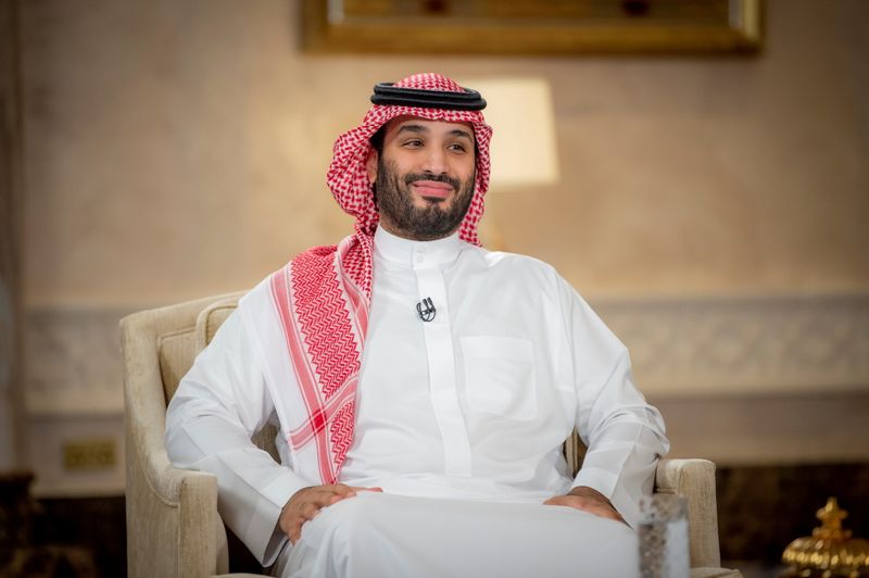 Saudi Crown Prince Mohammed Bin Salman smiles during televised interview