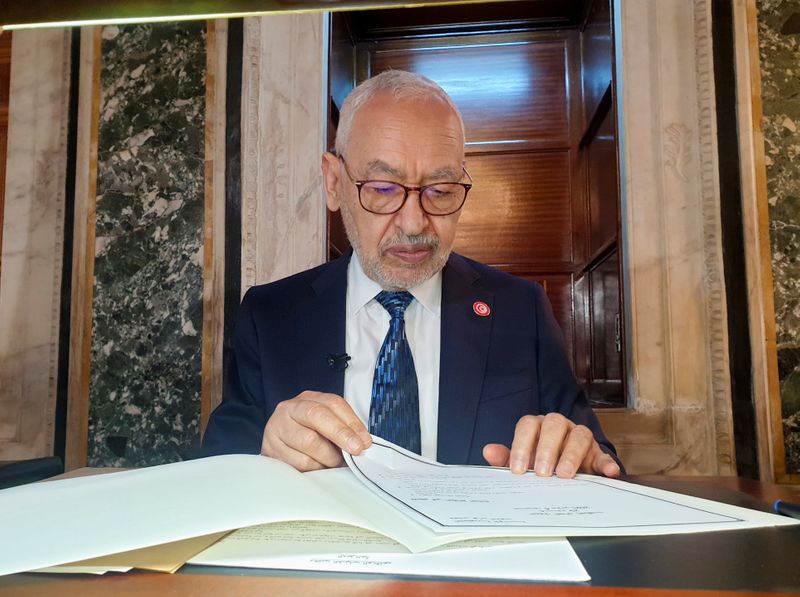 Parliament Speaker Rached Ghannouchi attends an interview with Reuters in