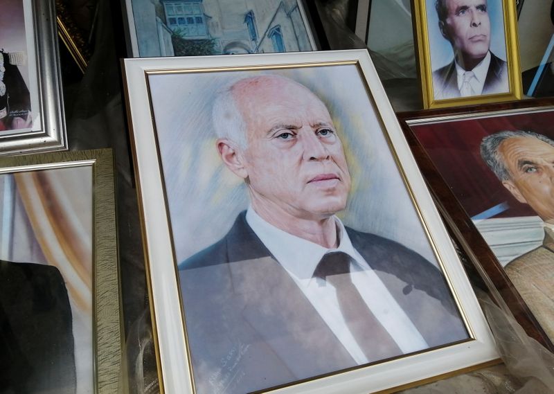 FILE PHOTO: A portrait of Tunisian President Kais Saied is