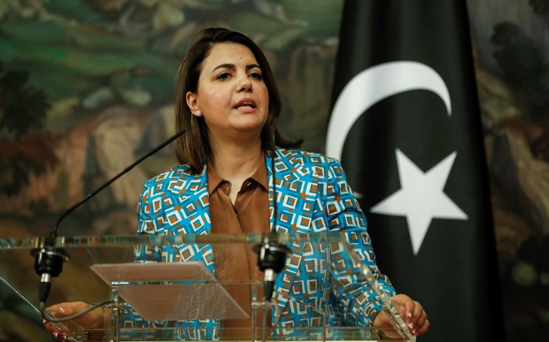 Libyan Foreign Minister Najla Mangoush attends a news conference in