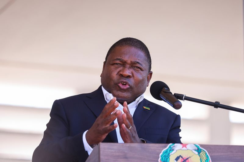 Mozambique’s President Filipe Nyusi speaks during Armed Forces Day celebrations