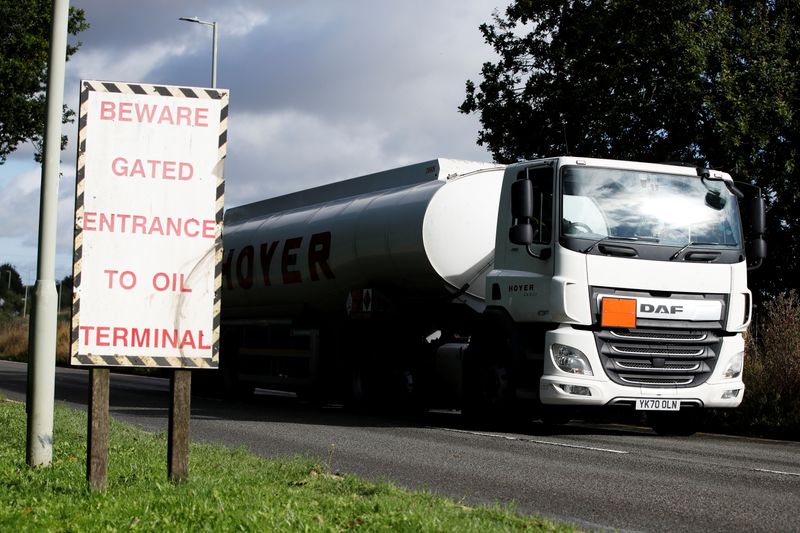 FILE PHOTO: A fuel tanker leaves Buncefield Oil Depot in