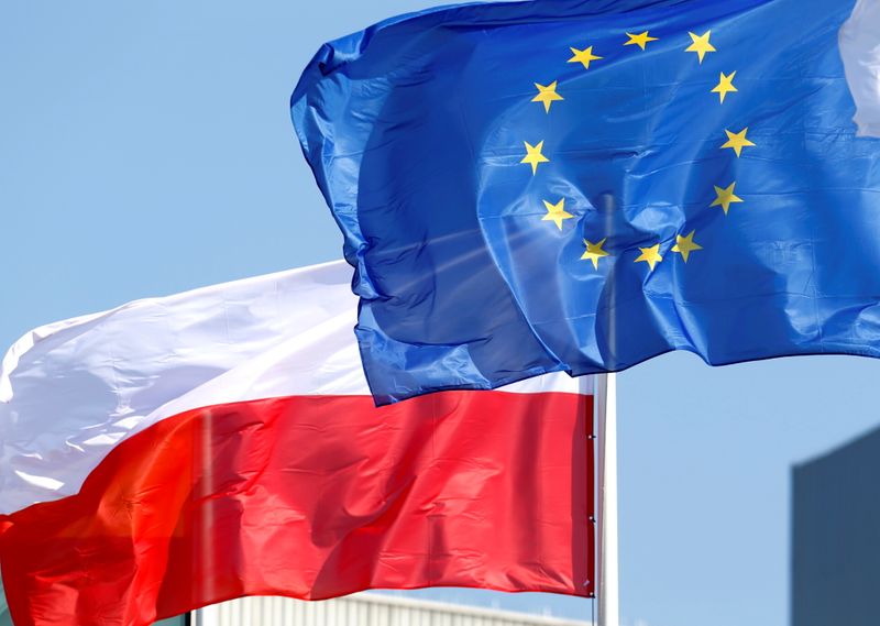 FILE PHOTO: EU and Polish flags flutter in Mazeikiai