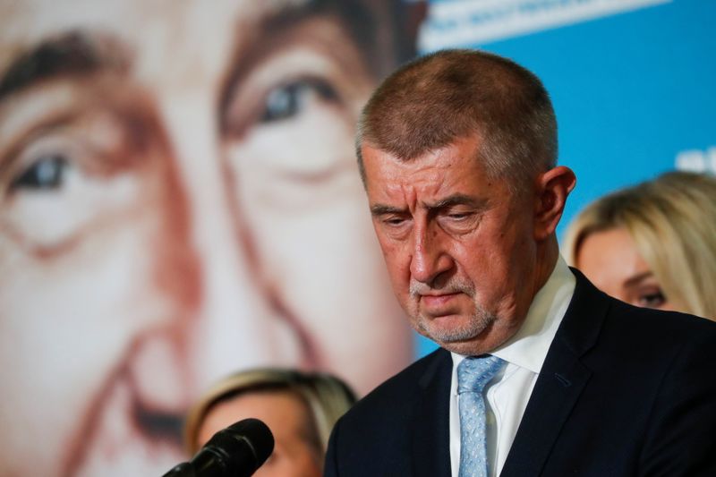 Czech PM and leader of ANO party Andrej Babis reacts