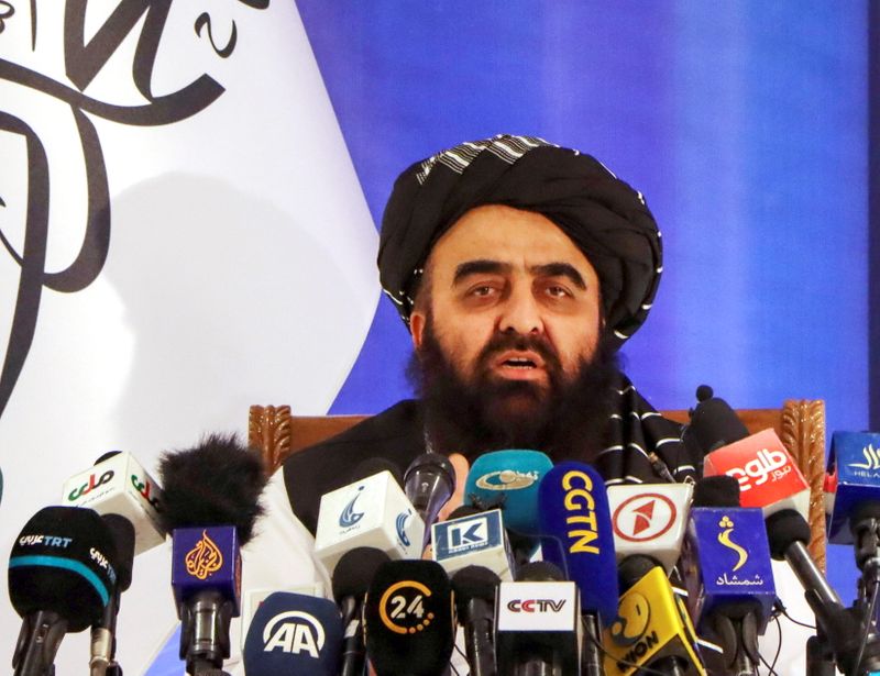 Taliban acting Foreign Minister Amir Khan Muttaqi speaks during a