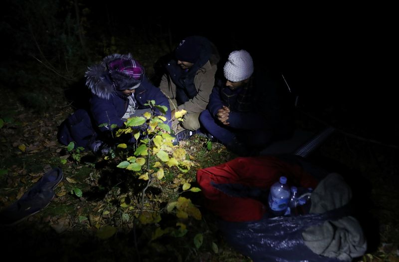 Group of migrants sit in the woods after they cross