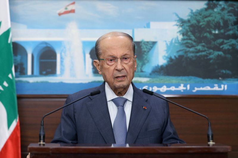 Lebanon’s President Michel Aoun addresses the nation from the presidential