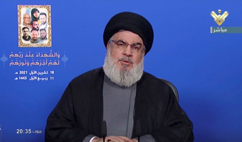 Lebanon’s Hezbollah leader Sayyed Hassan Nasrallah gives a televised speech