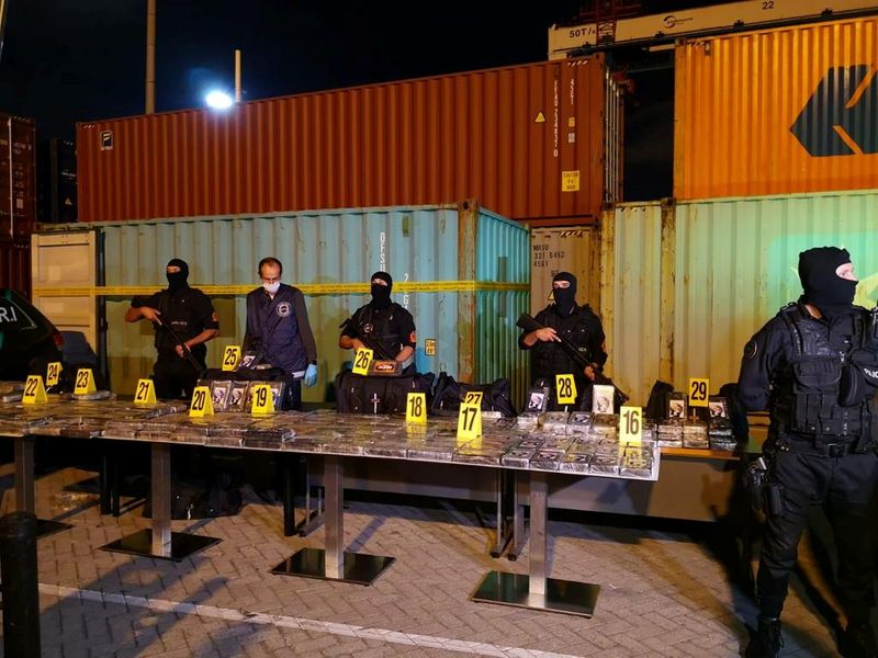 Morocco police guard packages of cocaine seized in Tangier Med