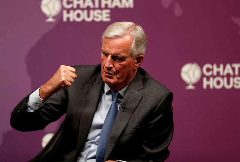 FILE PHOTO: Former EU chief negotiator Michel Barnier speaks at