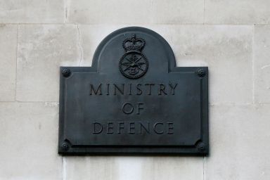 A sign hangs outside the Ministry of Defence building in