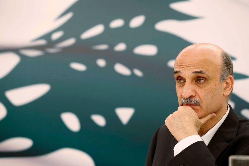 Samir Geagea, leader of the Christian Lebanese Forces, listens during