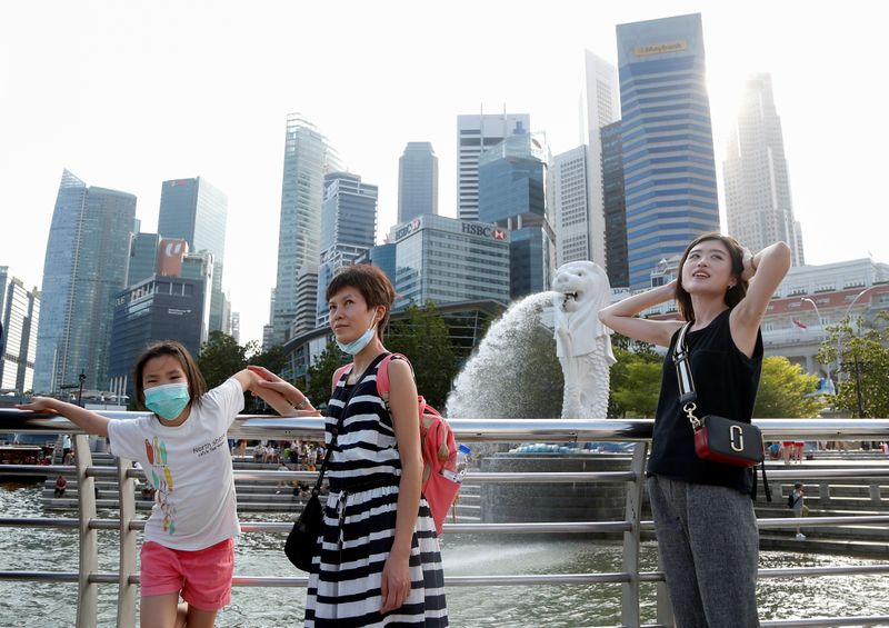 Tourists wearing protective face masks pose for photos at the