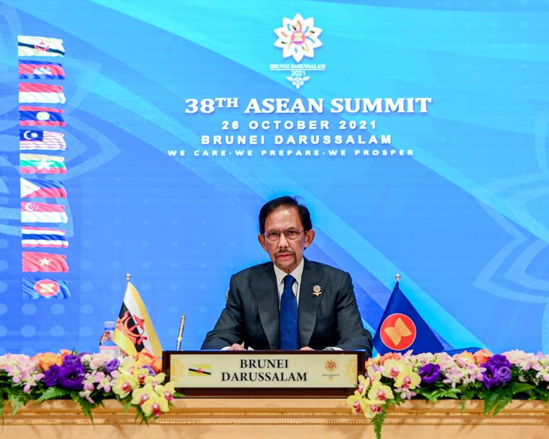 Brunei’s Sultan Hassanal Bolkiah speaks during the virtual ASEAN Summit,