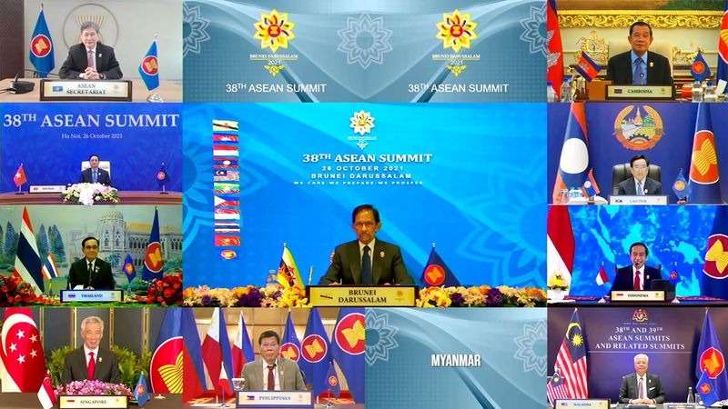 Brunei’s Sultan Hassanal Bolkiah speaks during the virtual ASEAN Summit,