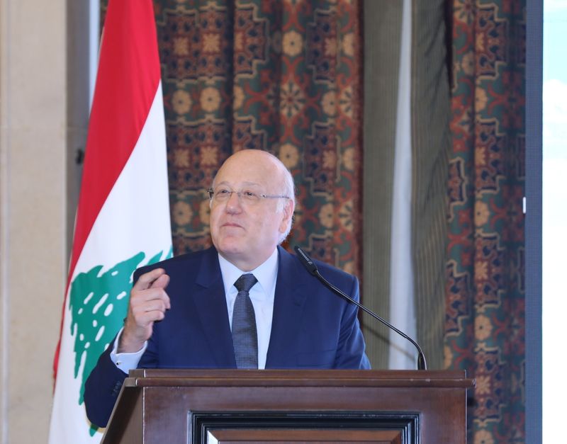 Lebanese Prime Minister Najib Mikati speaks at the government palace