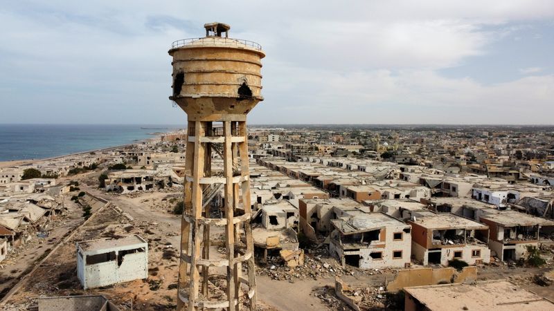 A damaged water tank is pictured in Sirte