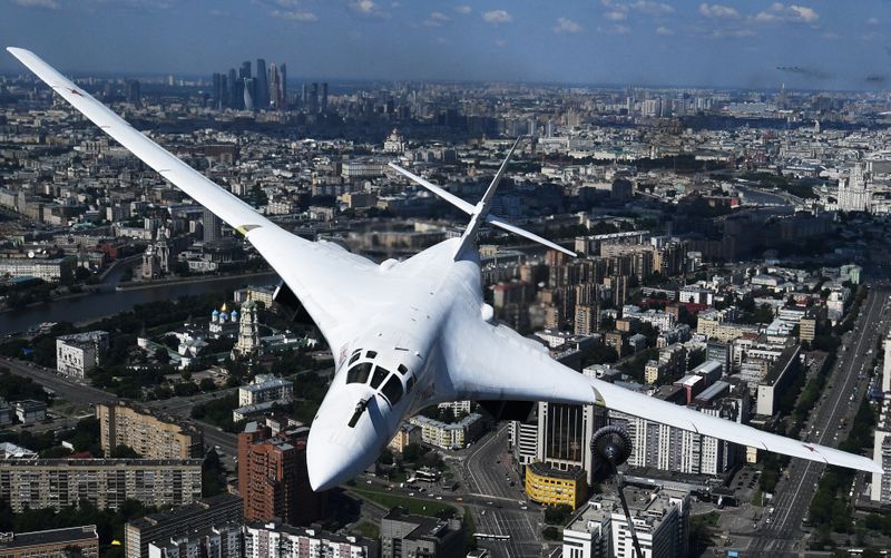 FILE PHOTO: A Russian Tu-160 strategic bomber flies during the
