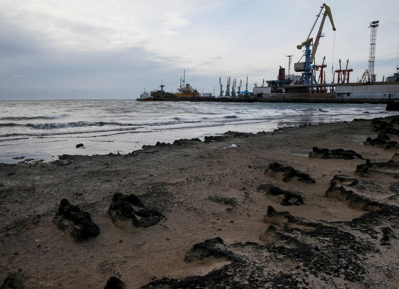 Cranes and ships are seen in the Azov Sea port
