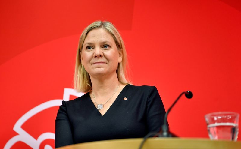 Sweden’s Finance Minister Magdalena Andersson attends a news conference in