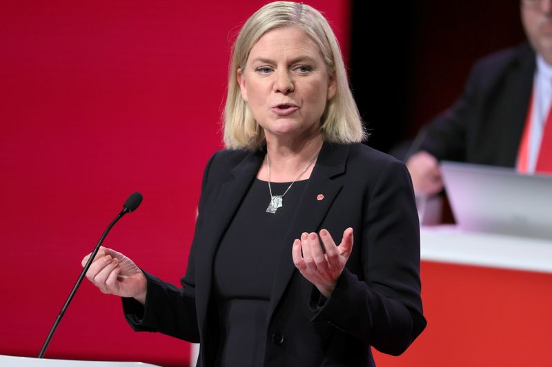 FILE PHOTO: Sweden’s Minister of Finance Magdalena Andersson delivers a