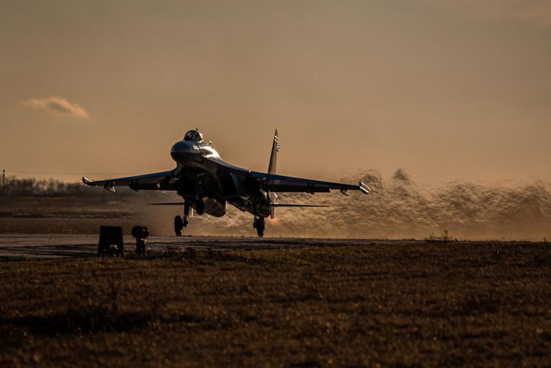 A Ukrainian fighter jet takes off during a drill in