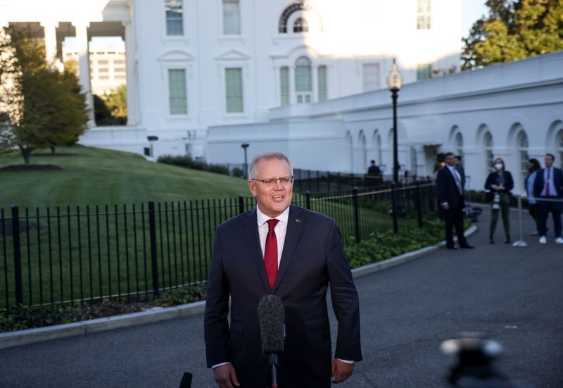 Australia’s PM Morrison speaks with the media in Washington